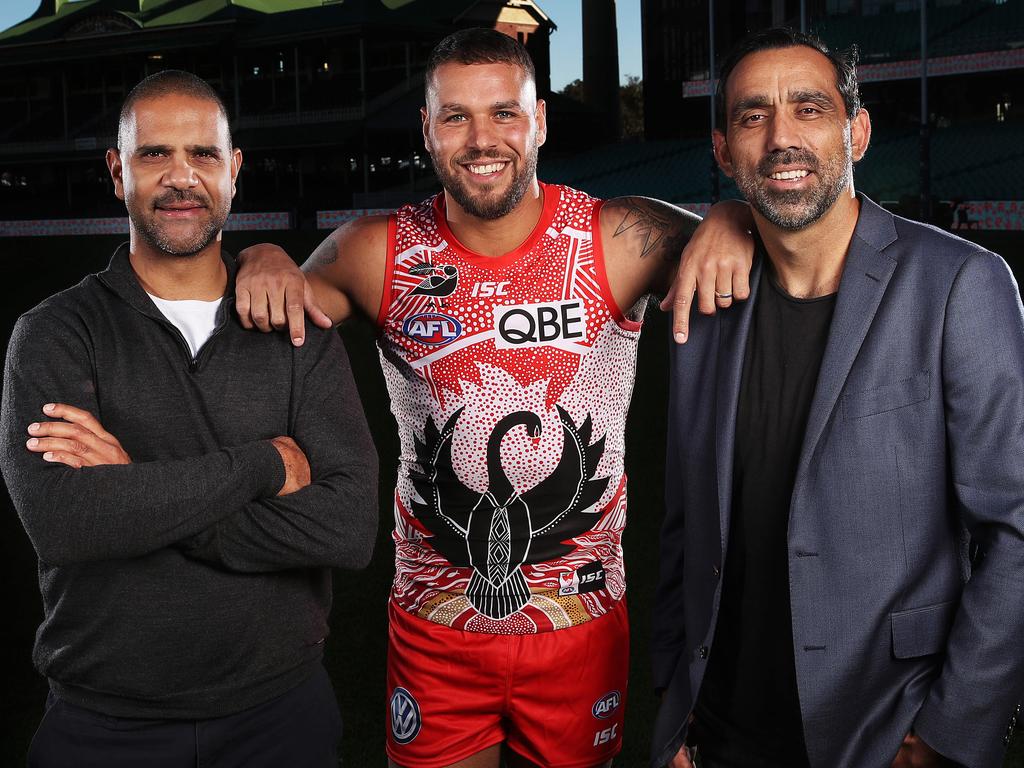 Michael O’Loughlin with fellow Swans Indigenous legends Lance Franklin and Adam Goodes. Picture: Phil Hillyard