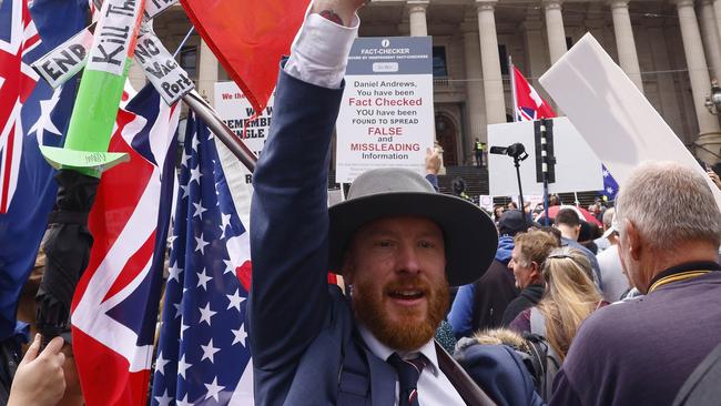 A large group of protesters held signs and waved flags. Picture: Daniel Pockett