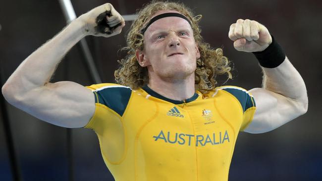 Steve Hooker celebrates after winning Olympic gold in Beijing. Picture: AFP