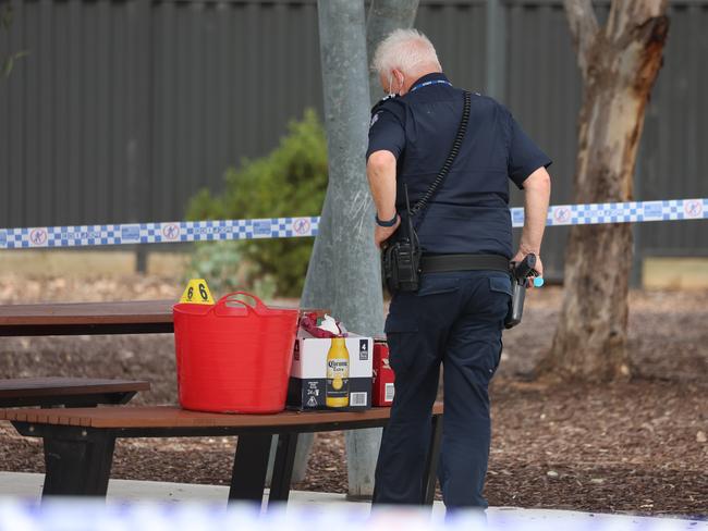 Empty beer bottles at a picnic table nearby. Picture: Brendan Beckett