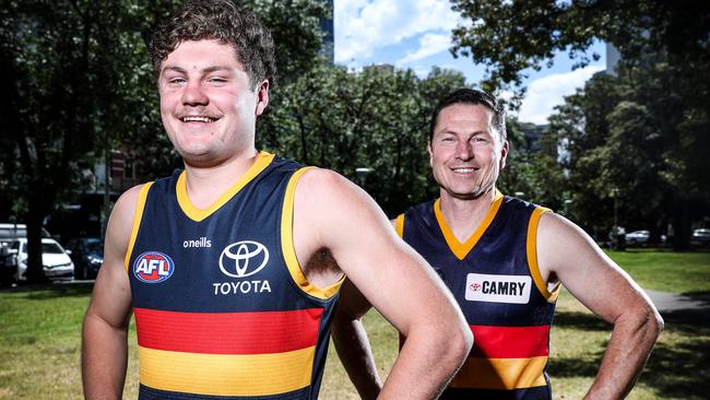 Harry Schoenberg in the Crows new guernsey for 2021 with former club champion Mark Bickley, both of whom wear No. 26 on their back. Picture: Sarah Reed