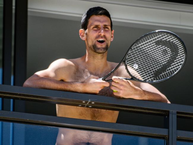 Men’s world No.1 Novak Djokovic in hotel quarantine in Adelaide. Picture: Morgan Sette/AFP