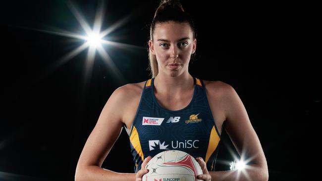 GOLD COAST, AUSTRALIA - FEBRUARY 22:  Ashleigh Ervin poses during the Lightning Super Netball 2023 headshots session at the Gold Coast Leisure Centre on February 22, 2023 in Gold Coast, Australia. (Photo by Matt King/Getty Images for Netball Australia