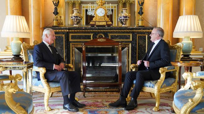 King Charles III, left, with Anthony Albanese in the 1844 Room at Buckingham Palace in London. Picture: AFP