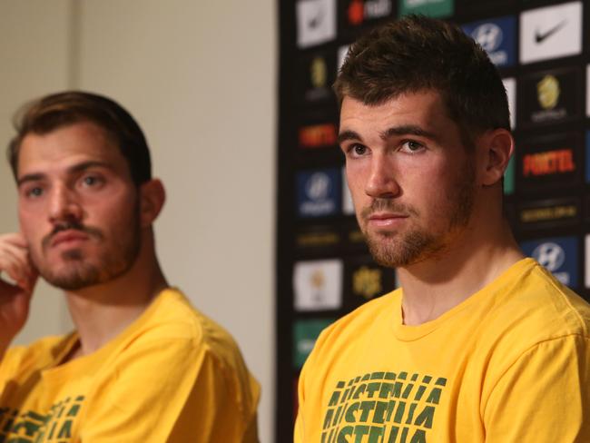 Socceroos training at Olympic Park. Training at Olympic Park starts at 11am. James Troisi and Matt Ryan goalkeeper ( right ) Picture: Stuart Milligan