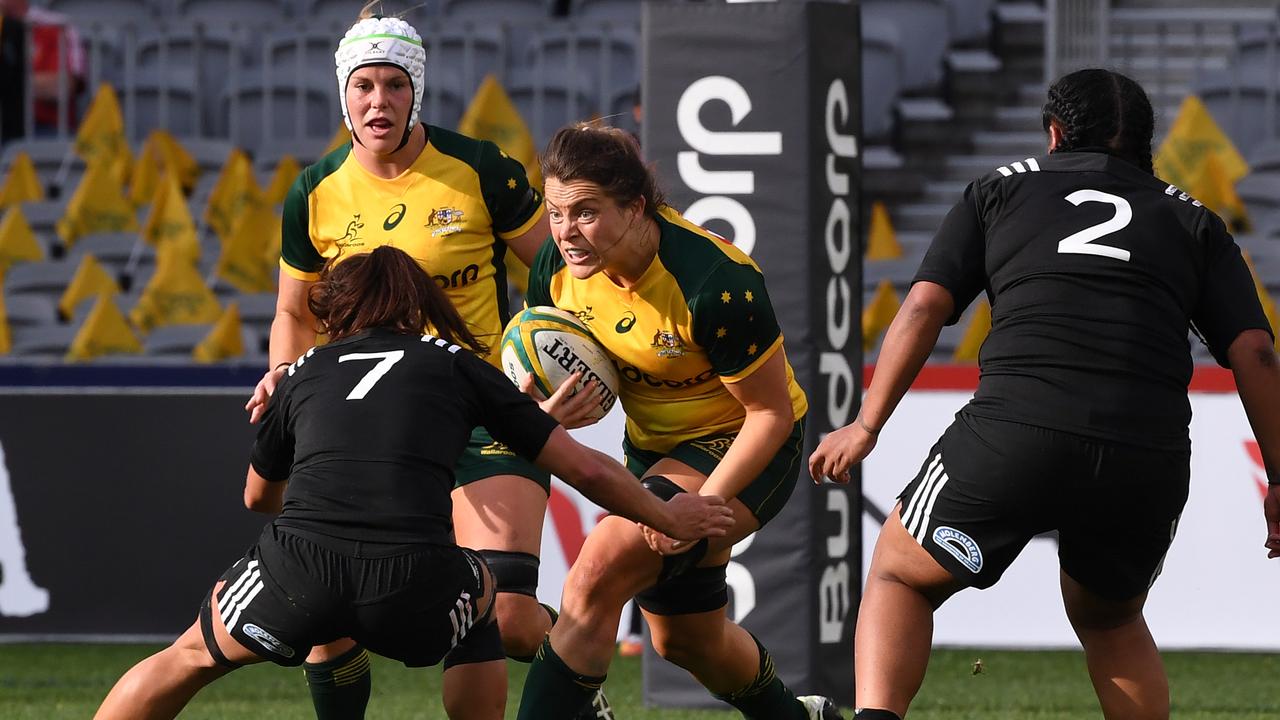 Grace Hamilton of the Wallaroos with possession at Optus Stadium in Perth.