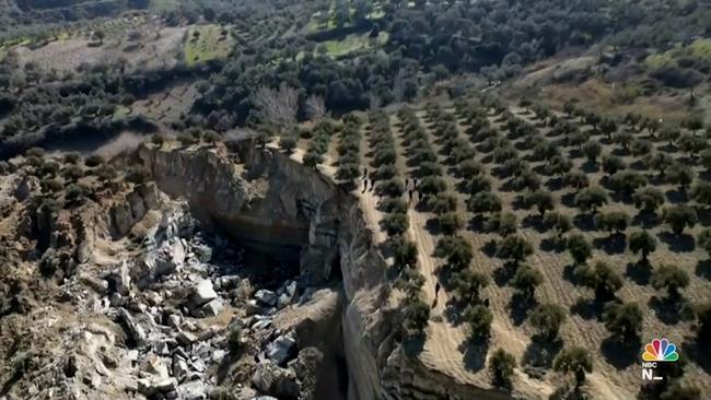 Powerful earthquakes have turned a Turkish olive grove into a huge canyon. Picture: Supplied