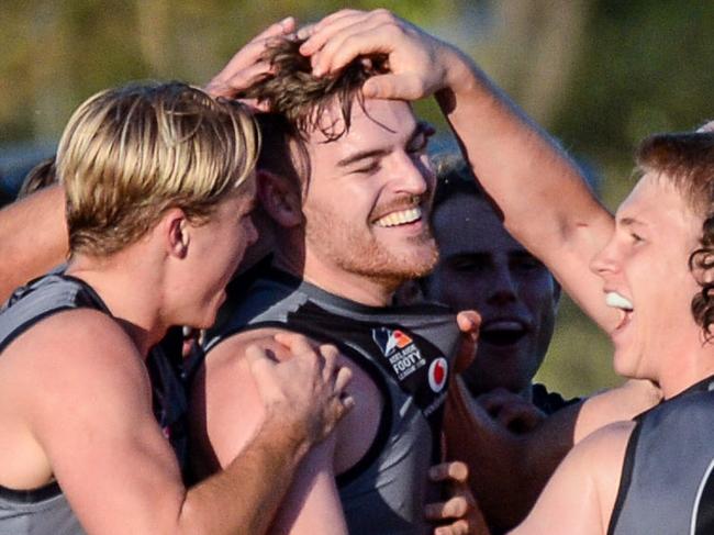 Brad Schiller scores the winning goal during Adelaide Footy League division one match between Brighton Bombers and Adelaide University at Brighton Oval, Saturday, May 29, 2021. Picture: Brenton Edwards