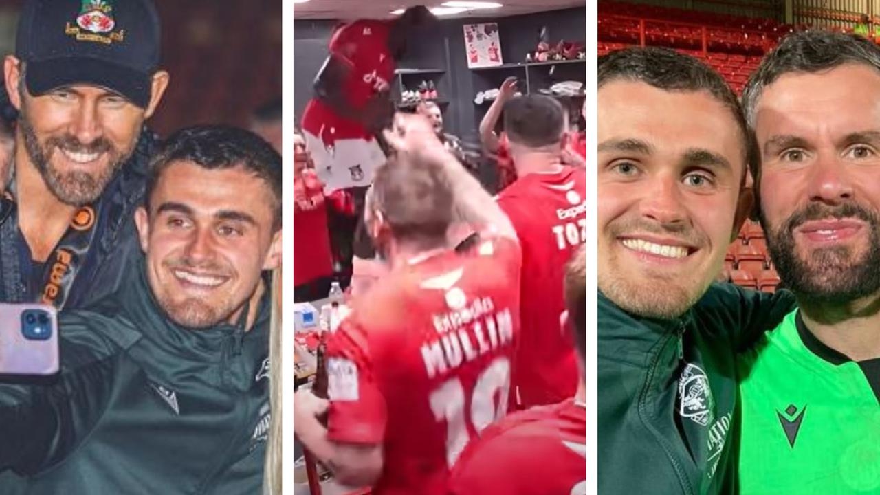 An Aussie goalkeeper was amongst the wild promotion celebrations at Wrexham. Picture: Supplied