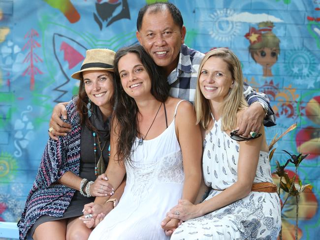 Close friends of Sara Connor, Mary Lockton, Ambra Bertoldi, Victoria Dyte and lawyer Erwin Siregar at the fundraiser at Byron Bay. Picture Glenn Hampson