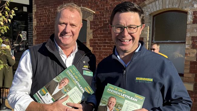 Bendigo Nationals candidate Andrew Lethlean and federal party leader David Littleproud outside the Bendigo Central polling booth on Saturday.