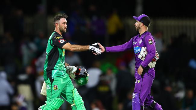 Glenn Maxwell of the Stars and Matthew Wade of the Hurricanes shake hands after the Big Bash League semi final match between the Hobart Hurricanes and the Melbourne Stars at Blundstone Arena last year. Picture: SCOTT BARBOUR/GETTY IMAGES