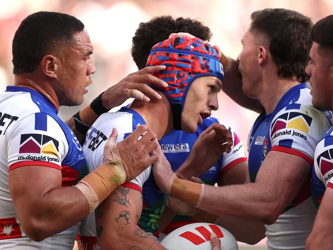 PERTH, AUSTRALIA - AUGUST 05: Kalyn Ponga of the Knights celebrates crossing for a try during the round 23 NRL match between Dolphins and Newcastle Knights at Optus Stadium on August 05, 2023 in Perth, Australia. (Photo by Paul Kane/Getty Images)