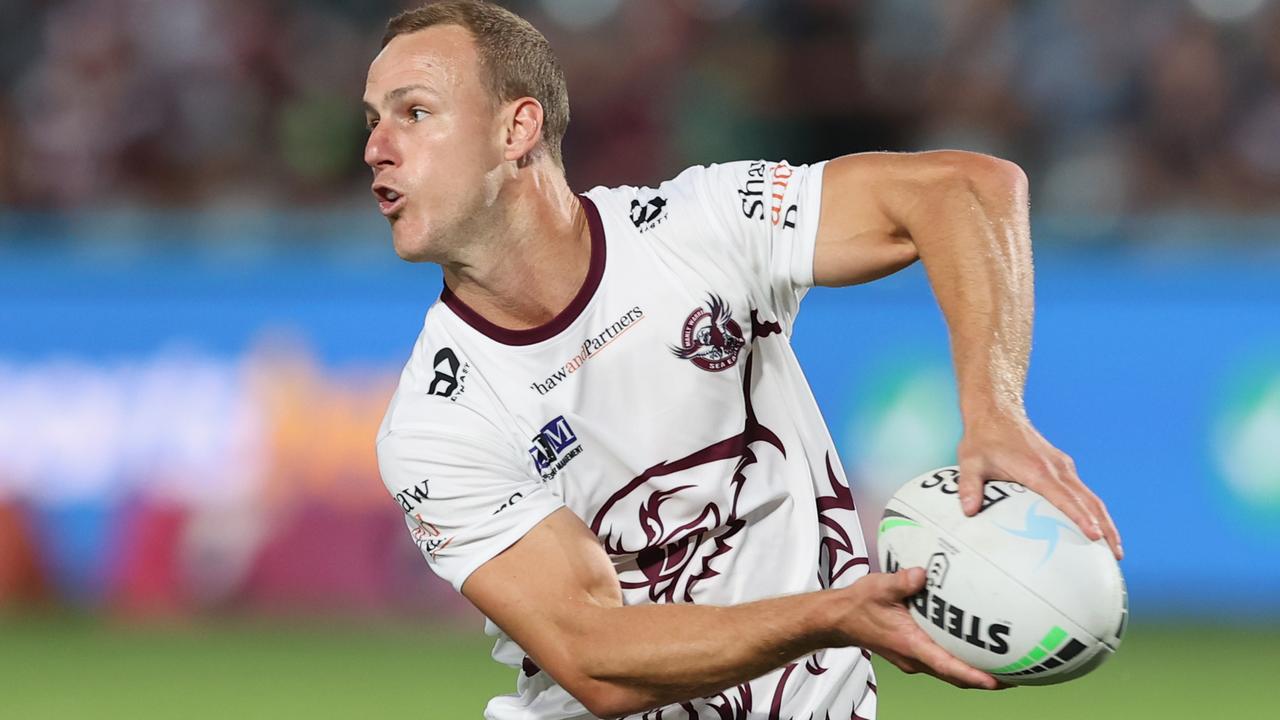 GOSFORD, AUSTRALIA – APRIL 09: Daly Cherry-Evans of the Manly Sea Eagles warms up during the round five NRL match between the New Zealand Warriors and the Manly Sea Eagles at Central Coast Stadium, on April 09, 2021, in Gosford, Australia. (Photo by Ashley Feder/Getty Images)