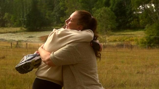 Kathleen Folbigg hugs Tracy Chapman, her childhood friend and longtime advocate, on a property on the North Coast of NSW. Picture: 9News