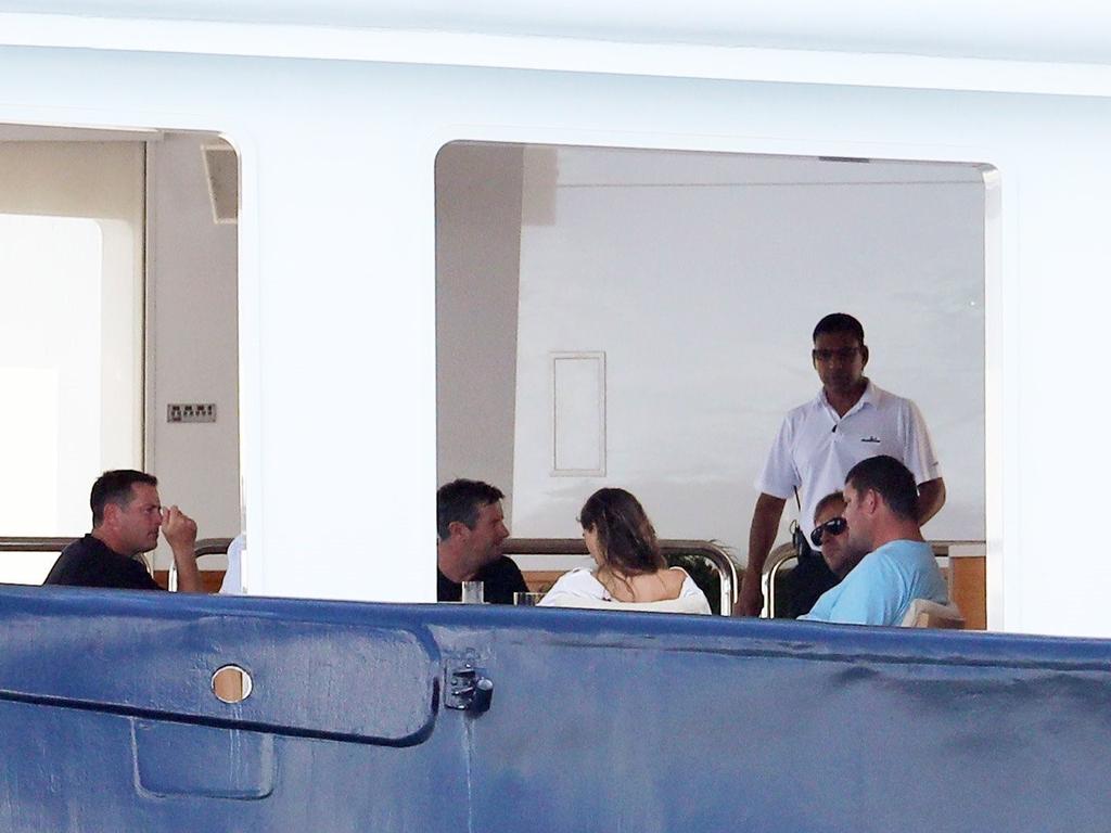 Karl Stefanovic and girlfriend Jasmine Yarbrough were spotted holidaying in Bora Bora with James Packer and his kids, aboard his luxury yacht Arctic P. They were also accompanied by a group of friends, including a mystery brunette, who is pictured sitting next to a visibly larger James Packer. Picture: Backgrid