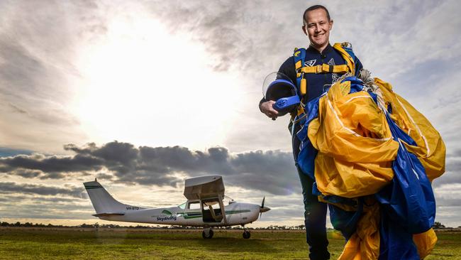 BACK IN THE AIR: Nine News presenter Will McDonald at Adelaide Skydiving at Lower Light. He’s finished his cancer treatment and been cleared to skydive. Picture: BRENTON EDWARDS