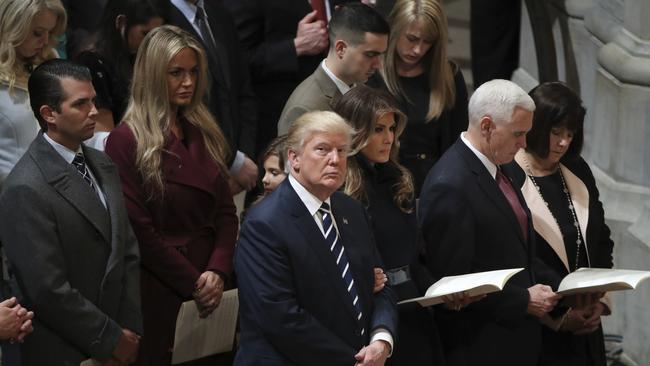 Donald and Melania Trump with Mike and Karen Pence at the National Cathedral yesterday. Son Donald Trump Jr and his wife Vanessa Trump are behind the President.