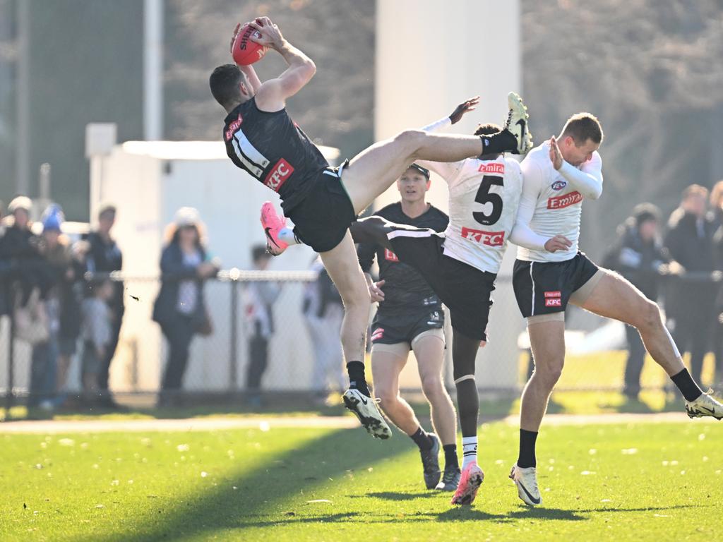 Daniel McStay of the Magpies takes a contested mark during a Collingwood Magpies AFL training session at Olympic Park Oval on July 03, 2024 in Melbourne, Australia. Picture: Daniel Pockett/Getty Images.