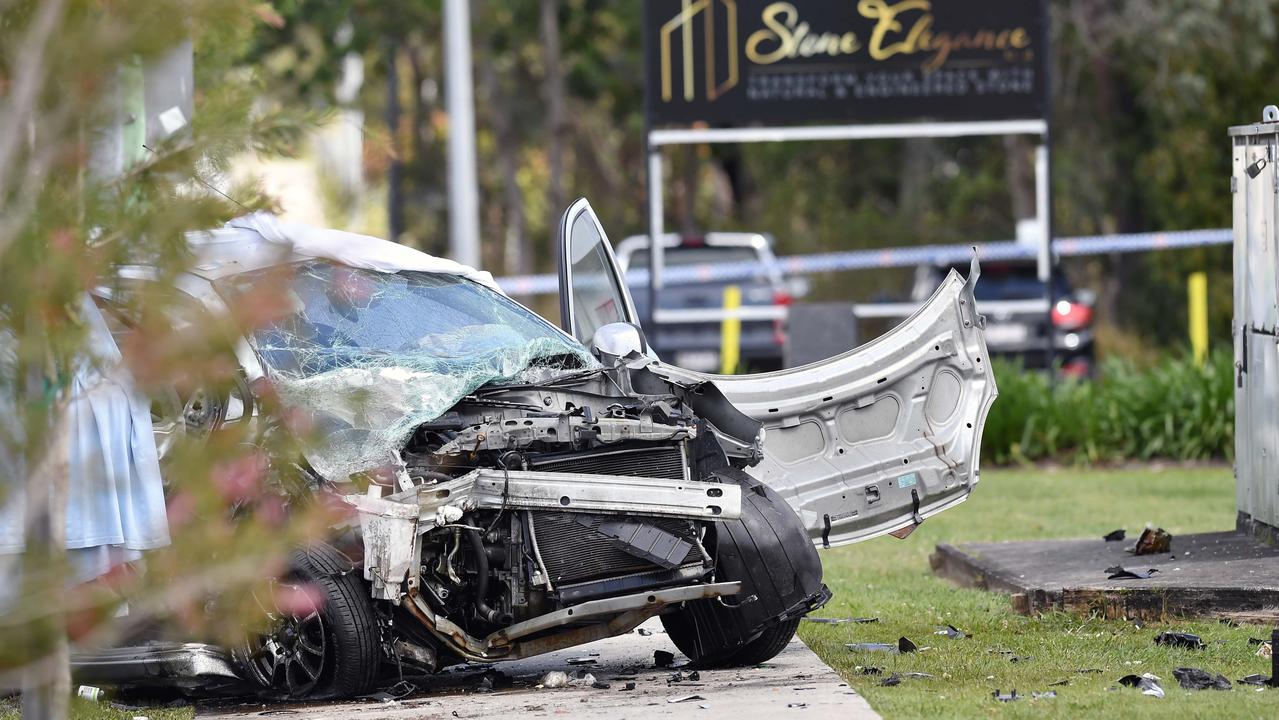 A woman has died in a horror crash involving a young driver allegedly in a stolen Mercedes outside a school on the Sunshine Coast. Picture: Patrick Woods.