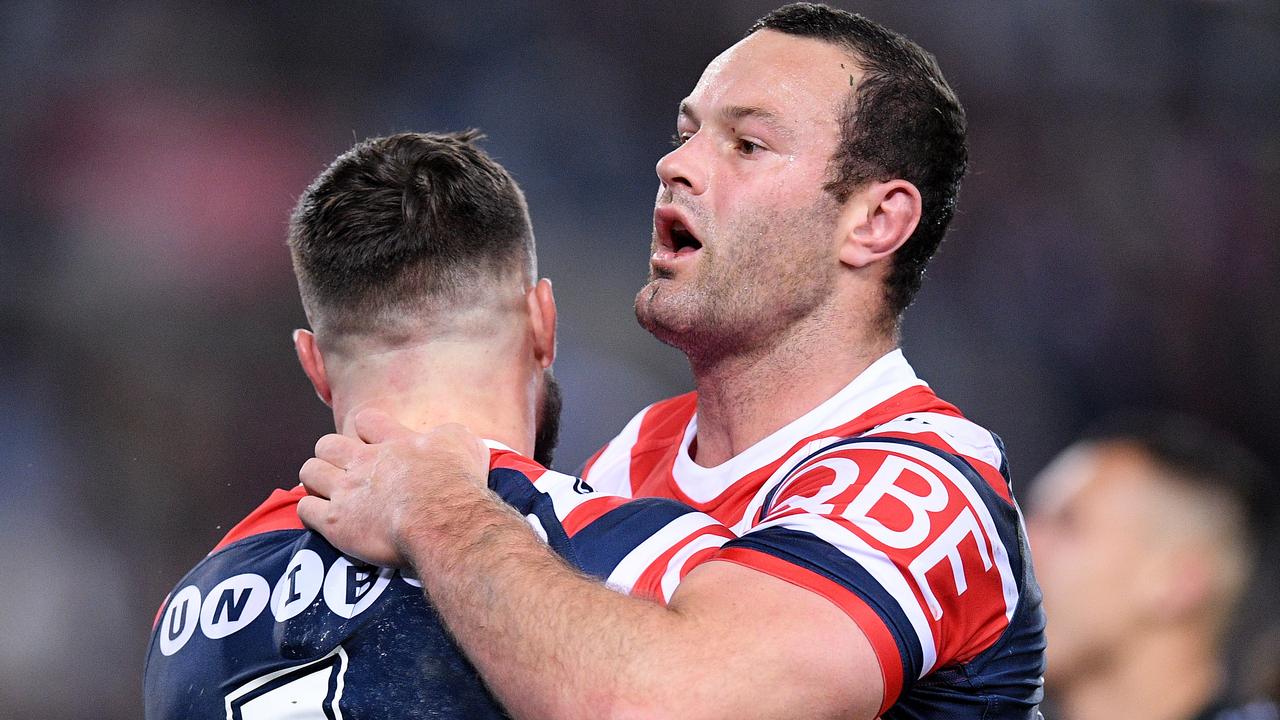 James Tedesco of the Roosters celebrates with Boyd Cordner.