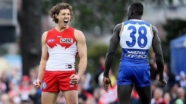 Kurt Tippett celebrates a goal ahead of his preseason retirement. Picture: Sam Rosewarne