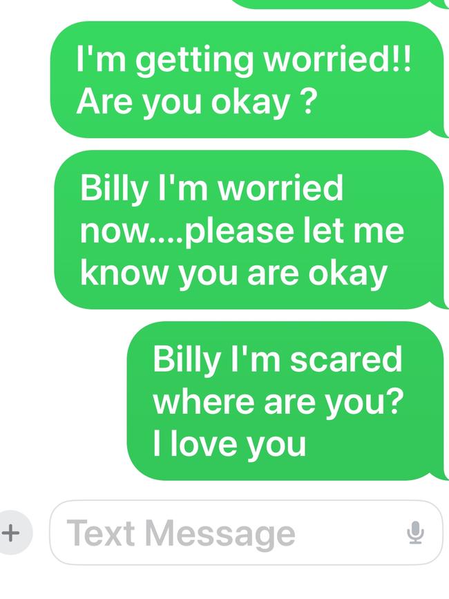 The last texts between Billy and his mum Sheryl before his car crashed into a tree. Picture: Supplied by family