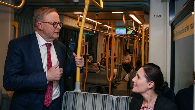 The Prime Minister, Anthony Albanese, rides light rail witth commuter Skye Worth on the Gold Coast Picture: Glenn Campbell / NCA Newswire