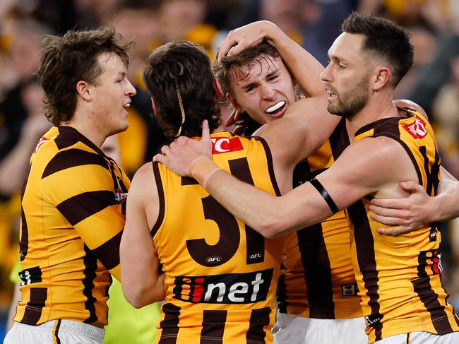 MELBOURNE, AUSTRALIA – SEPTEMBER 06: Calsher Dear of the Hawks celebrates a goal with teammates during the 2024 AFL Second Elimination Final match between the Western Bulldogs and the Hawthorn Hawks at The Melbourne Cricket Ground on September 06, 2024 in Melbourne, Australia. (Photo by Dylan Burns/AFL Photos via Getty Images)