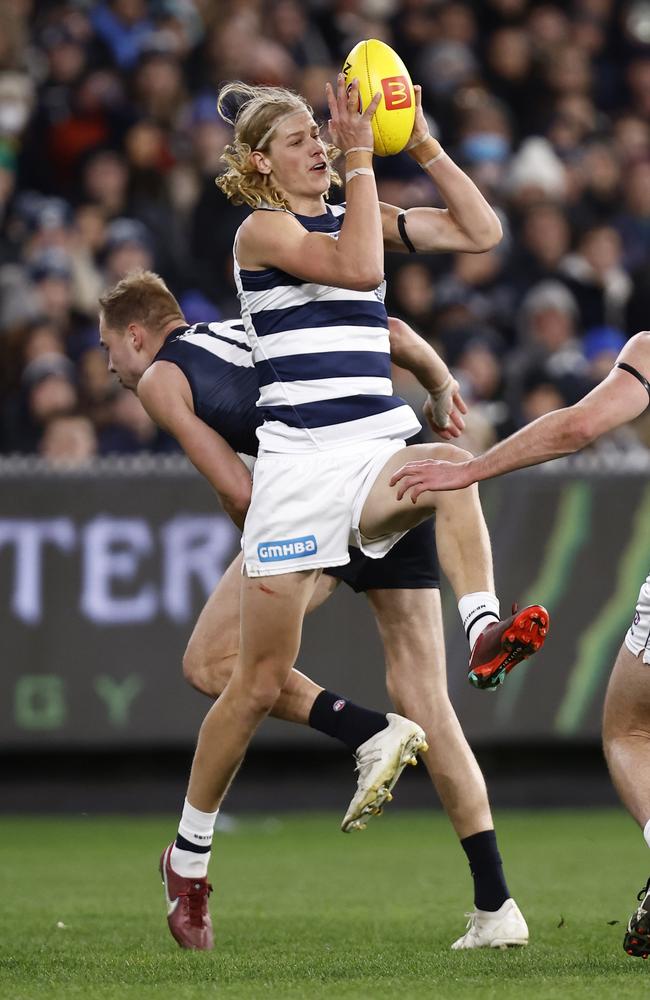 Curnow said he would put the hard word on teammate Tom De Koning about luring his brother and rising Cats defender Sam De Koning across to Carlton. Picture: Darrian Traynor