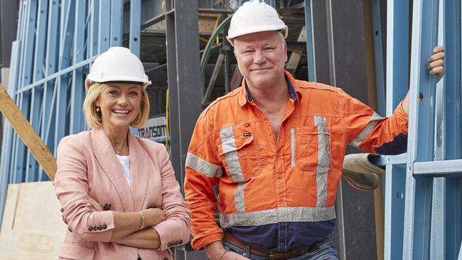 The Block hosts Shelley Craft and Scott Cam on the construction site at The Oslo. Supplied by Channel 9.