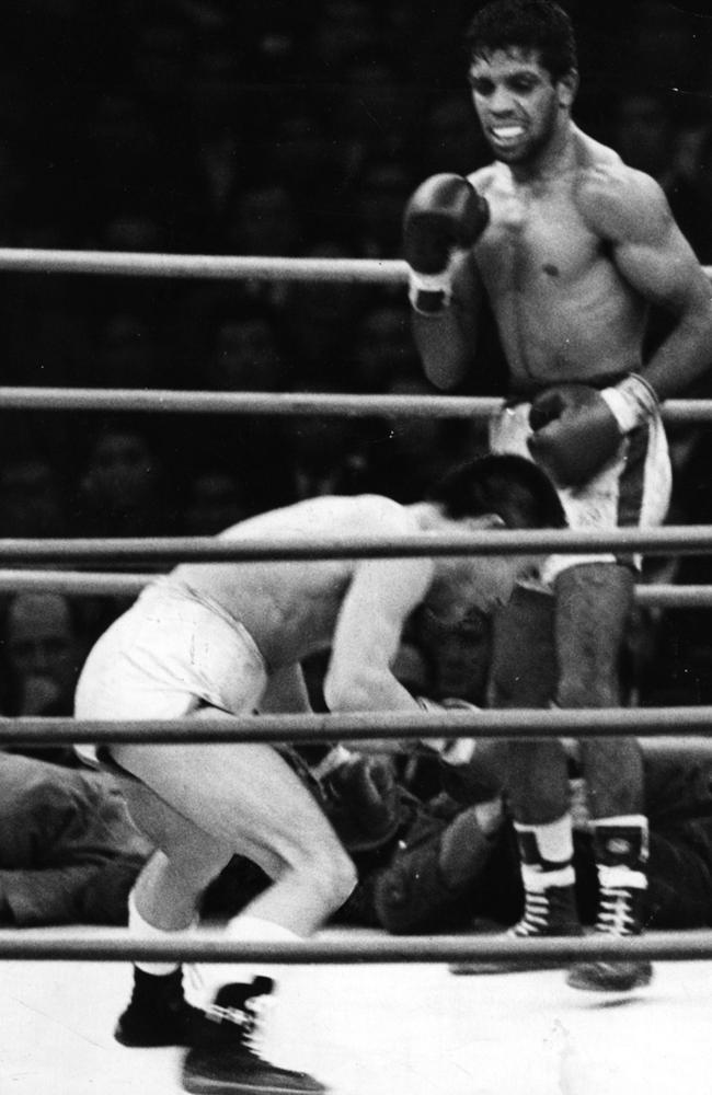 Lionel Rose achieved national hero status when he became the first Indigenous boxer to win a world title by beating Japan’s Masahiko Harada in 1968. Here, you can see Rose — who was introduced to the sport by his father — standing over Harada having rocked his opponent with one of his trademark punches. Rose became the first Indigenous person to be crowned Australian of the year in 1968 in recognition of his world bantamweight title.