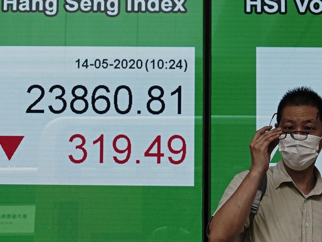 Hong Kong share index at Hong Kong Stock Exchange. Asian shares declined Thursday on pessimism about life getting back to normal soon amid the coronavirus pandemic. Picture: AP Photo