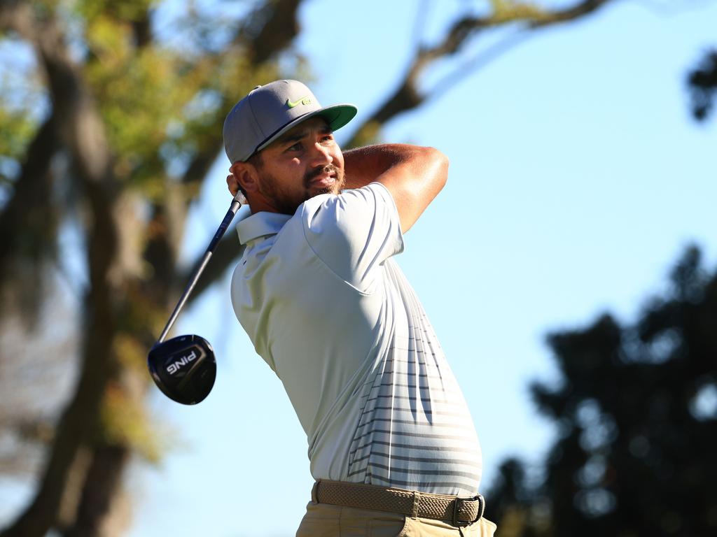 Jason Day plays his shot from the 15th tee. Picture: Mike Ehrmann/Getty Images/AFP