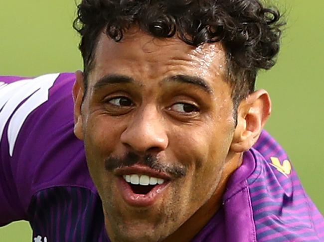 ALBURY, AUSTRALIA - MAY 06: Josh Addo-Carr offloads the ball during a Melbourne Storm NRL training session at Albury Tigers Club on May 06, 2020 in Albury, Australia. (Photo by Robert Cianflone/Getty Images)