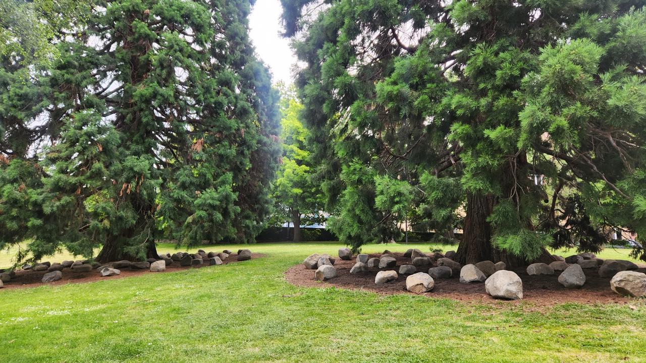 City of Hobart staff moved boulders under trees, which prevented homeless people from pitching their tents. Image: Grassroots Action Network Tasmania.