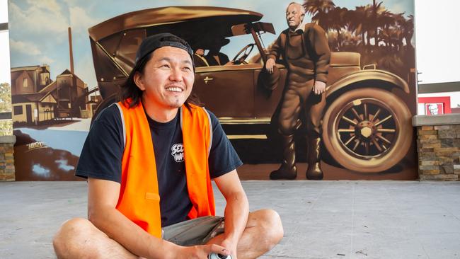 Street artist Heesco Khosnaran has created a series of murals at the new Pimpama shopping centre, showcasing the history of the suburb. Pimpama City officially opens September 21, 2018. Photo: Supplied