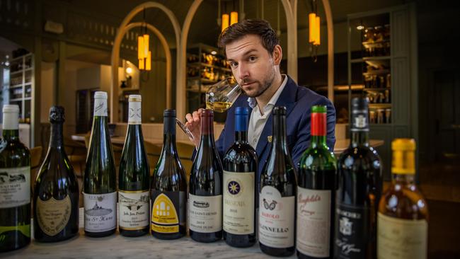 Beverage director Marcell Kustos with wine that forms part of Restaurant Botanic’s $800 pairing. Picture: Tom Huntley