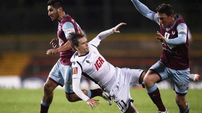 Craig Goodwin on his way to scoring against Apia Leichhardt Tigers FC during the FFA Cup quarter-final before being floored by virus. Picture: Matt King/Getty Images