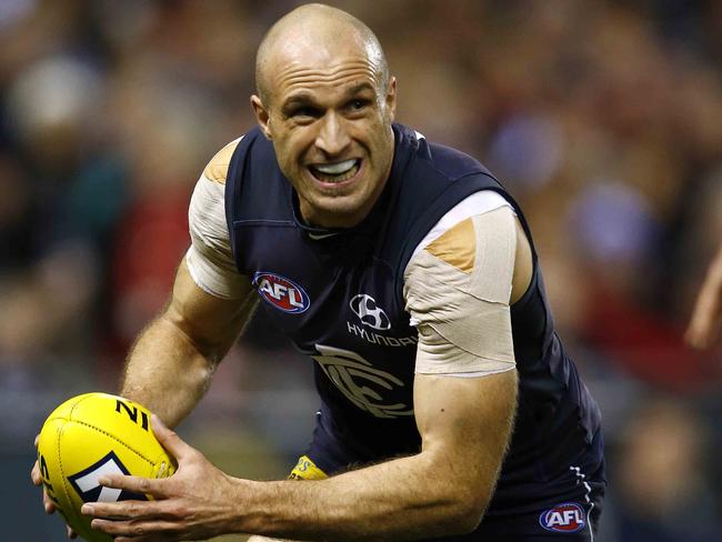 Chris Judd during the 1st quarter of the  Carlton v St. Kilda match at Etihad Stadium. Saturday July 13, 2013.