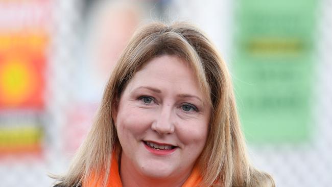 Centre Alliance candidate Rebekha Sharkie in Mt Torrens this morning. Sharkie says she’s nervous but hopeful of winning today. AAP Image/David Mariuz.