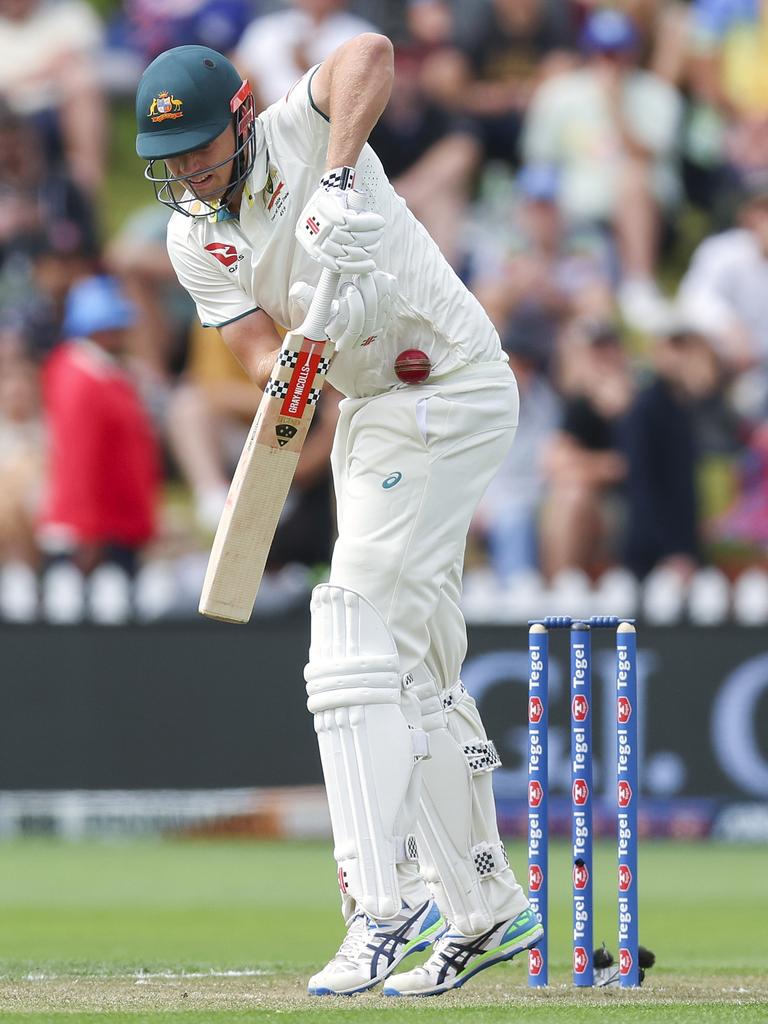 Cameron Green of Australia is struck by a delivery during day two of the First Test. Picture: Getty Images