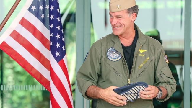 John Aquilino is welcomed to Darwin’s Robertson Barracks with a set of Aussie footwear. Picture: Glenn Campbell