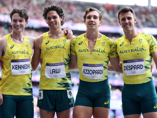 Lachlan Kennedy, Calab Law, Joshua Azzopardi and Jacob Despard ahead of the Men's 4 x 100m Relay at the Paris Olympics. Picture: Hannah Peters/Getty Images.