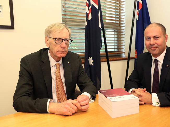 POOL PHOTOS FOR FAIRFAX AND AAP - PLEASE EMAIL ON -Commissioner Kenneth Hayne and Treasurer Josh Frydenberg with the final report from the Royal Commission into Misconduct in the Banking, Superannuation and Financial Services Industry, at Parliament House in Canberra. Picture Kym Smith