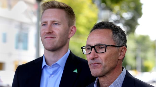 Greens leader Richard Di Natale and Higgins candidate Jason Ball. Picture: David Geraghty