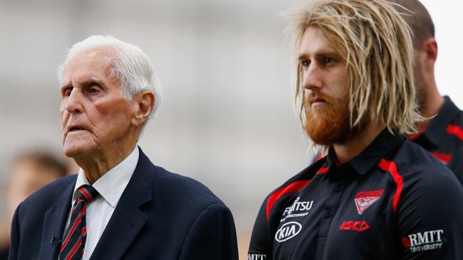 War veteran Jack Jones with Essendon skipper Dyson Heppell last week. Pic: Getty Images