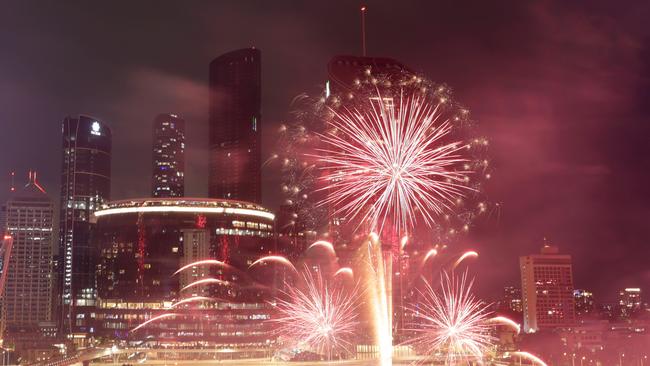 A view from the Rydges Hotel watching the fireworks in South Brisbane. Picture: Steve Pohlner