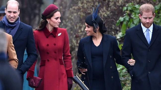 Wills, Kate, Meghan and Harry put on a show of solidarity on Christmas Day. Picture: AFP 