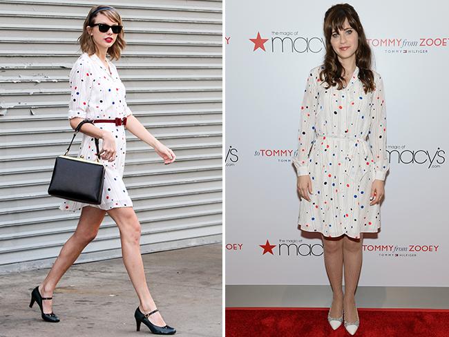 WHO WORE IT BETTER? Taylor Swift and Zooey Deschanel in a Zooey Deschanel for Tommy Hilfiger white shirt dress featuring stripes and red, black and blue polka dots.  Picture: Getty